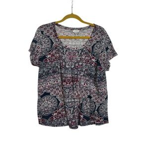 Lucky Brand Bohemian Short Sleeve Top Floral Size 1X Pink Red Blue White